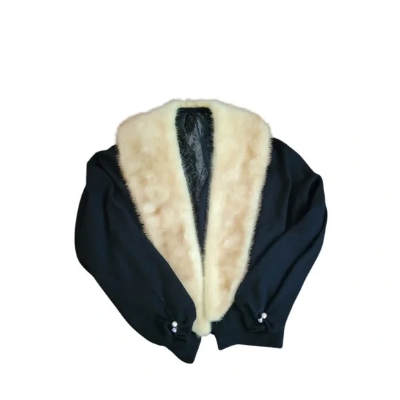 Vintage Pringle Of Scotland Cashmere Cardigan Sweater Jacket Mink Fur Collar S-M - Picture 4 of 11